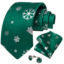 DiBanGu Christmas Silk Green White Snow Men's Tie Pocket Square Cufflinks Set