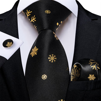 DiBanGu Black Gold Snow Christmas Necktie Pocket Square Cufflinks Set