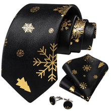 DiBanGu Black Gold Snow Christmas Necktie Pocket Square Cufflinks Set