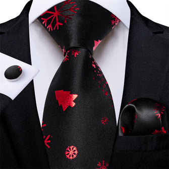 DiBanGu Black Red Christmas Tree Snow Necktie Pocket Square Cufflinks Set