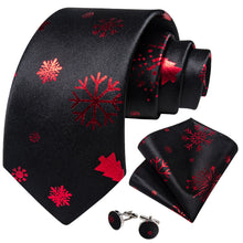 DiBanGu Black Red Christmas Tree Snow Necktie Pocket Square Cufflinks Set