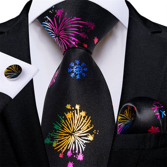 DiBanGu Black Colorful Fireworks Christmas Necktie Pocket Square Cufflinks Set