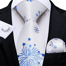 DiBanGu White Blue Christmas Snowflake Necktie Pocket Square Cufflinks Set