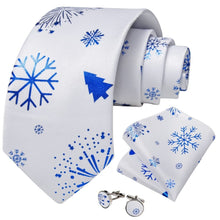 DiBanGu White Blue Christmas Snowflake Necktie Pocket Square Cufflinks Set