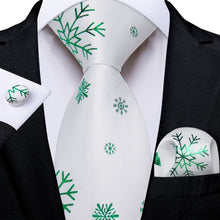 DiBanGu White Green Christmas Snowflake Necktie Pocket Square Cufflinks Set