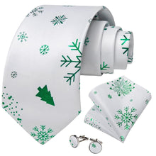 DiBanGu White Green Christmas Snowflake Necktie Pocket Square Cufflinks Set