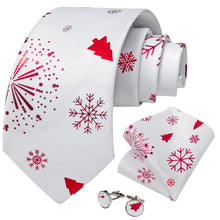 DiBanGu White Red Christmas Snowflake Necktie Pocket Square Cufflinks Set