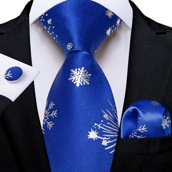 DiBanGu Blue White Christmas Snowflake Necktie Pocket Square Cufflinks Set