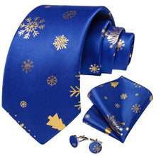 DiBanGu Blue Gold Christmas Snowflake Necktie Pocket Square Cufflinks Set