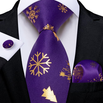 DiBanGu Purple Gold Christmas Snowflake Necktie Pocket Square Cufflinks Set