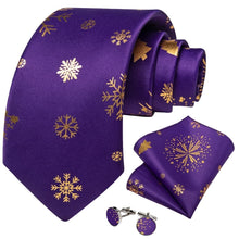 DiBanGu Purple Gold Christmas Snowflake Necktie Pocket Square Cufflinks Set