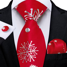 DiBanGu Red White Christmas Snowflake Necktie Pocket Square Cufflinks Set