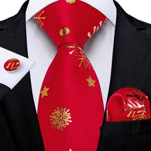 DiBanGu Red Gold Christmas Snow Necktie Pocket Square Cufflinks Set