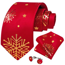 DiBanGu Red Gold Christmas Snow Necktie Pocket Square Cufflinks Set