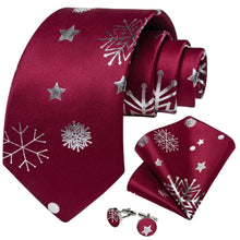 DiBanGu Dark Red White Christmas Snow Necktie Pocket Square Cufflinks Set