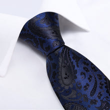 Blue Black Floral Men's Tie Handkerchief Cufflinks Set