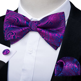 DiBanGu Purple Blue Floral Silk Mens Pre-Tied Bowtie Pocket Square Cufflinks Set