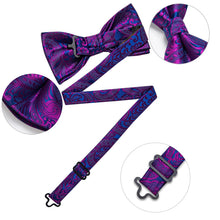 DiBanGu Purple Blue Floral Silk Mens Pre-Tied Bowtie Pocket Square Cufflinks Set