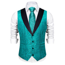 DiBanGu Light Sea Green Floral Silk Shawl Collar Mens Dress Vest Tie Set