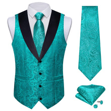 DiBanGu Light Sea Green Floral Silk Shawl Collar Mens Dress Vest Tie Set