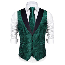 DiBanGu Medium Jungle Green Floral Silk Shawl Collar Mens Dress Vest Tie Set