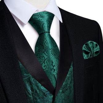 DiBanGu Medium Jungle Green Floral Silk Shawl Collar Mens Dress Vest Tie Set