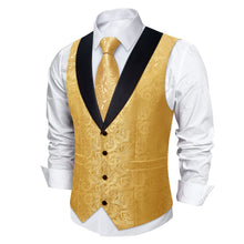 DiBanGu Luxury Gold Floral Silk Shawl Collar Mens Dress Vest Tie Set