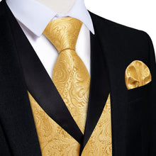 DiBanGu Luxury Gold Floral Silk Shawl Collar Mens Dress Vest Tie Set