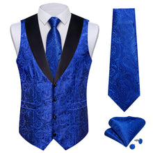 DiBanGu Cobalt Blue Floral Silk Shawl Collar Mens Dress Vest Tie Set