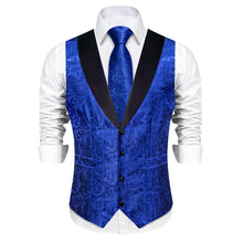 DiBanGu Cobalt Blue Floral Silk Shawl Collar Mens Dress Vest Tie Set