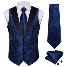 DiBanGu Dark Blue Floral Silk Shawl Collar Mens Dress Vest Tie Set