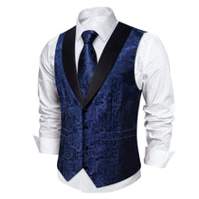 DiBanGu Dark Blue Floral Silk Shawl Collar Mens Dress Vest Tie Set