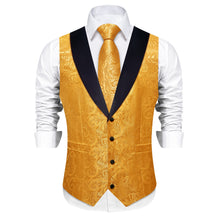 DiBanGu Urobilin Yellow Floral Silk Shawl Collar Mens Dress Vest Tie Set