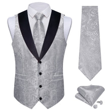 DiBanGu Silver Grey Floral Silk Shawl Collar Mens Dress Vest Tie Set