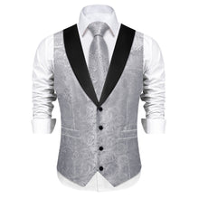 DiBanGu Silver Grey Floral Silk Shawl Collar Mens Dress Vest Tie Set