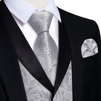 DiBanGu Silver Grey Floral Silk Shawl Collar Mens Dress Vest Tie Set