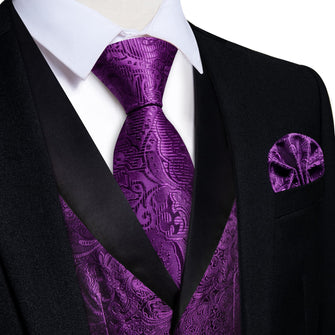 DiBanGu Patriarch Purple Floral Silk Shawl Collar Mens Dress Vest Tie Set