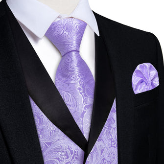 DiBanGu Light Pastel Purple Floral Silk Shawl Collar Mens Dress Vest Tie Set