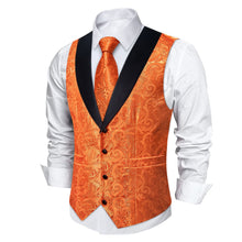 DiBanGu Bright Orange Floral Silk Shawl Collar Mens Dress Vest Tie Set