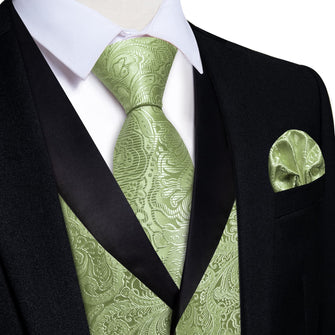 DiBanGu Sage Green Floral Silk Shawl Collar Mens Dress Vest Tie Set