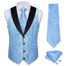 DiBanGu Sky Blue Floral Silk Shawl Collar Mens Dress Vest Tie Set