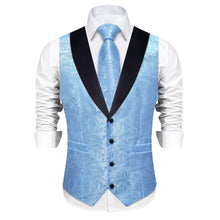 DiBanGu Sky Blue Floral Silk Shawl Collar Mens Dress Vest Tie Set