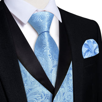 DiBanGu Sky Blue Floral Silk Shawl Collar Mens Dress Vest Tie Set