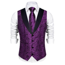 DiBanGu Deep Purple Floral Silk Shawl Collar Mens Dress Vest Tie Set