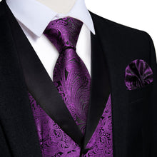 DiBanGu Deep Purple Floral Silk Shawl Collar Mens Dress Vest Tie Set