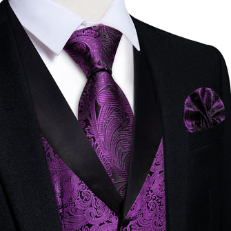 DiBanGu Deep Purple Floral Silk Shawl Collar Mens Dress Vest Tie Set