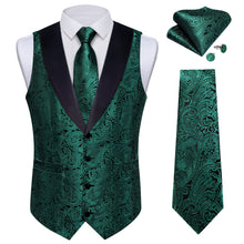 DiBanGu Deep Green Floral Silk Shawl Collar Mens Dress Vest Tie Set