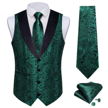 DiBanGu Deep Green Floral Silk Shawl Collar Mens Dress Vest Tie Set