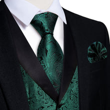 DiBanGu Deep Green Floral Silk Shawl Collar Mens Dress Vest Tie Set