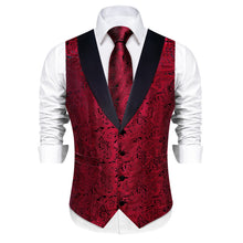 DiBanGu Red Black Floral Silk Shawl Collar Mens Dress Vest Tie Set